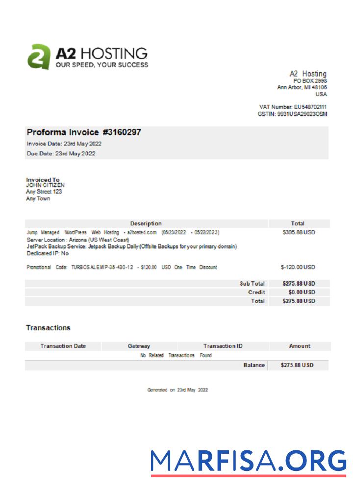 Printable USA A2 Hosting invoice real example